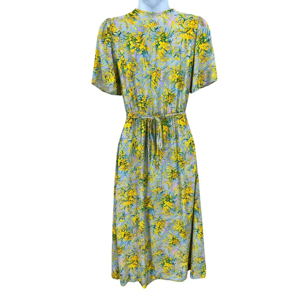 & Other Stories Midi Dress Womens 2 Blue Yellow Floral Boho Classic V-Neck